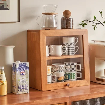  Простой современный кухонный шкаф из массива дерева 2-слойный боковой шкаф для еды Стеклянный шкаф для хранения Многосценный подходит для стойки для чайного сервиза