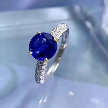 Новое кольцо S925 Silver 1 Carat Blue Sapphire Роскошные европейские и американские кольца для женщин