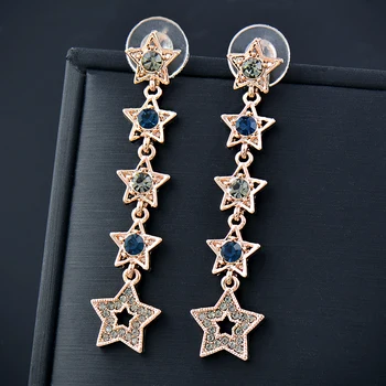 SINLEERY античные золотые полые звезды длинные серьги для женщин с сине-серыми камнями модные украшения ES239 