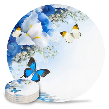  Синяя бабочка Цветок Керамическая подставка Набор Кухонный стол Круглая салфетка Роскошный декор Кофе Чайная чашка Подставки