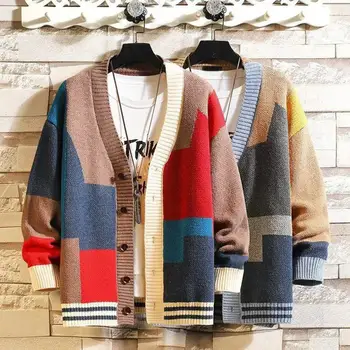 Эластичный мужской свитер Стильный мужской трикотажный свитер Колорблок Пальто Теплый кардиган средней длины с V-образным вырезом для осень-зима Мужчины