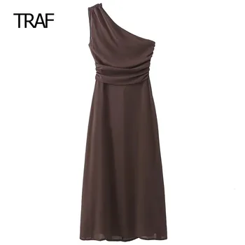 Длинное платье с открытой спиной для женщин Роскошное дизайнерское платье для вечеринок TRAF Летние платья для женщин 2023 Асимметричное платье с оборками Коричневый