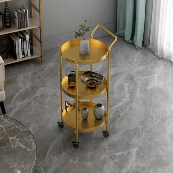 Передвижной столик, простая металлическая мебель для гостиной на колесиках, многоярусные полки, золотой круглый журнальный столик