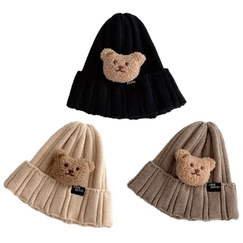 Осенне-зимняя вязаная шапка с рисунком медведя теплая стильная детская шапочка модная шапка