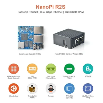 NanoPi R2S Combo 1 ГБ DDR4 ОЗУ, Rockchip RK3328, Quad Cortex-A53, два порта LAN 1000M Ethernet, USB3.0, OpenWRT, U-boot, Ubuntu-Core