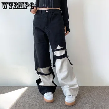 Рваные мешковатые джинсы для женщин Y2K Streetwear Контрастные джинсовые брюки в стиле пэчворк Брюки прямого кроя в стиле хип-хоп Pantalones De Mujer