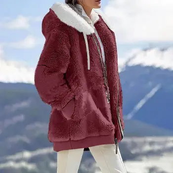 Стильное женское пальто на молнии мягкое толстое с шапкой плюшевая леди осеннее пальто