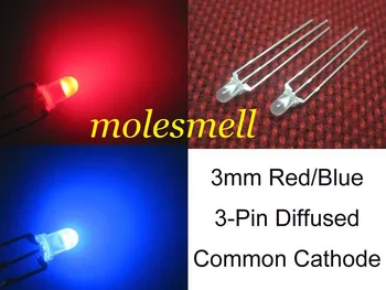 Бесплатная доставка 50 шт. 3 мм двойной двухцветный рассеянный красный/синий яркий 3-контактный светодиод с общим катодом светодиоды лампа 3 мм R/B 3PIN светодиод