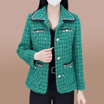 Модное повседневное маленькое ароматное пальто для женщин 2023 Новая осень среднего возраста Зеленая короткая куртка матери Элегантные роскошные женские топы