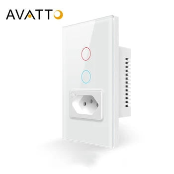 AVATTO WiFi Smart Wall Switch & Socket Бразилия Стандартная стеклянная панель 4X2 1/2 кнопки Выключатель света Tuya APP, для Alexa Google Home