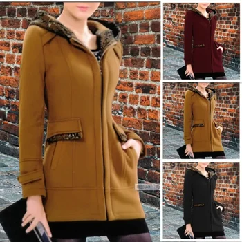 Длинное шерстяное пальто для женщин Осенне-зимнее контрастное шерстяное пальто Куртка на молнии для женщин