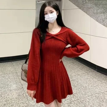 Красное женское платье 2023 Вязаные крючком платья для женской одежды Черный корейский стиль Горячий Харадзюку Шик и элегантная красивая роскошь