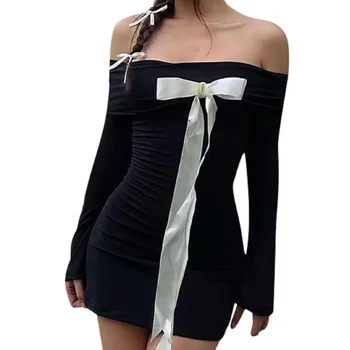 y2k Платья для женщин Эстетическая одежда Черный Облегающее платье с открытыми плечами и длинным рукавом с бантом Платья 2000-х годов Уличная одежда