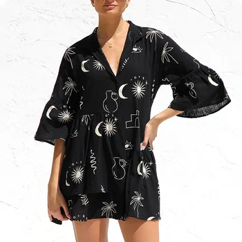 Женское черное платье 2023Moon Sun Print V-образным вырезом Многоуровневое платье с оборками из хлопка и льна Сексуальная вечеринка А-силуэта Club Vestidos для женщин