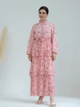 Ид мусульманское 3-слойное платье для торта Женщины с цветочным принтом Абайя Джалабия Платья для вечеринок на шнуровке Кафтан Vestidos Длинный халат 2023