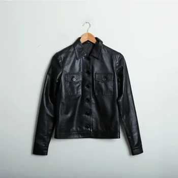 Женская короткая куртка Черная кожаная рубашка Байкерская рубашка из натуральной кожи ягненка Куртка с длинным рукавом в западном стиле