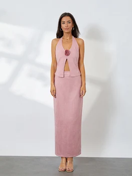 Женщины Вельветовая юбка Комплект из 2 предметов Наряды 3D Цветок Топы с открытой спиной и юбка Костюмы Уличная одежда Эстетическая одежда