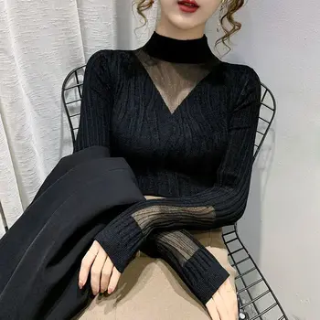 Новый осень-зима женщины сексуальный сетчатый пэчворк вязаный свитер элегантный модный черный трикотаж с длинным рукавом тонкие пуловеры базовые топы