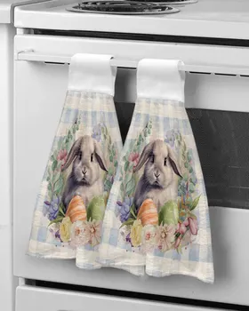 Пасхальный кролик Цветочный акварель Клетчатые полотенца для рук Кухня Ванная комната Висячая ткань Быстросохнущие мягкие впитывающие полотенца из микрофибры