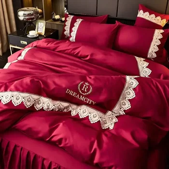 Роскошный комплект юбки кровати из четырех предметов европейский винтажный дворцовый стиль вышитый кружевной чехол для одеяла нескользящий чехол для юбки кровати