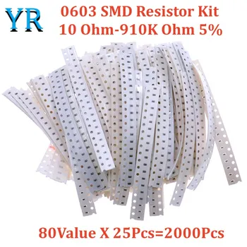 0603 SMD Набор резисторов Ассорти Набор 10 Ом-910 Ом 5% 80Значение X 25 шт. = 2000 шт. Набор образцов