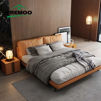 Кожаная двуспальная кровать Современная мебель для спальни Высококачественная кровать размера 