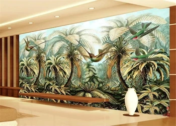 Пользовательский размер 3d обои Тропический лес растение Кокосовая пальма Колибри фон фреска Украшение дома Лесная фреска