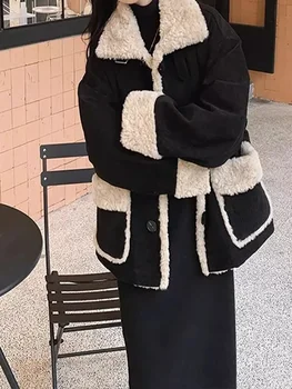 Ленивый стиль Женское пальто из искусственного меха Овчина Винтажные вельветовые пальто из овечьей шерсти для женщин Бархатные модные теплые зимние куртки для женщин