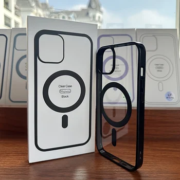 Прозрачный черный магнитный чехол для телефона для iPhone 15 14 Max Plus 13 12 Mini 11 Сильный магнит Мобильные Чехлы с Коробкой Противоударный Чехол