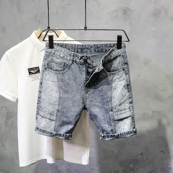 Новое поступление роскошных джинсовых шорт свободного кроя с широкими штанинами и модным корейским стилем для мужской летней одежды лоскутные хлопковые брюки