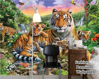 beibehang Современные трехмерные papel de parede 3d обои тропический лес животное тигр растение лес водопад бабочка фреска
