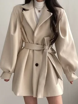 шерстяное пальто женское осенне-зимнее фонарь рукав лацкан пальто женское корейское модное элегантное пальто-бандаж Manteau Femme Hiver